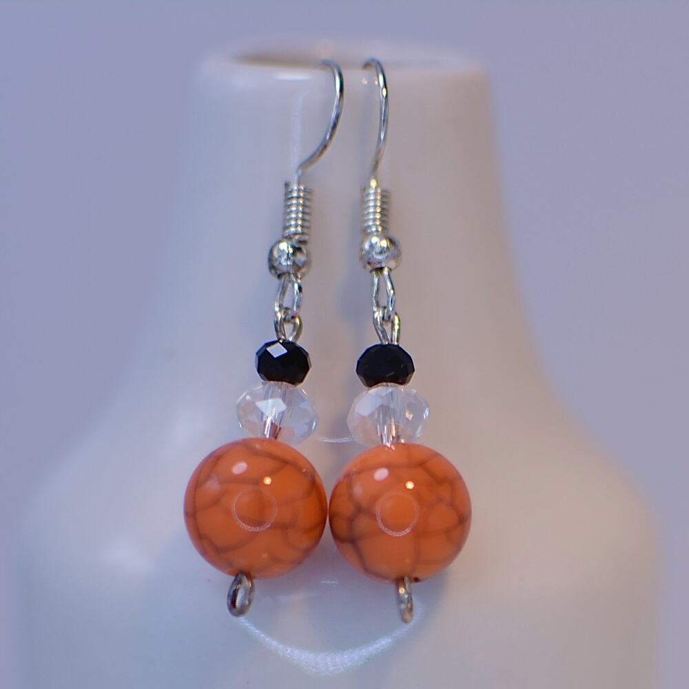 Orange, Black, and Silver Spiderweb Earrings — Handmade, Sterling Silver